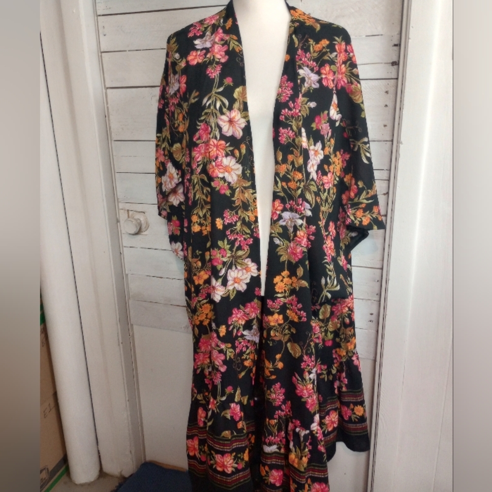 Women's 2X-3X Floral Printed Duster Open Front Lightweight Elbow-Length Sleeves